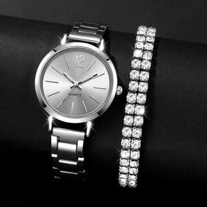 2pcs Stainless Steel Quartz Watch and Rhinestone Bracelet Set